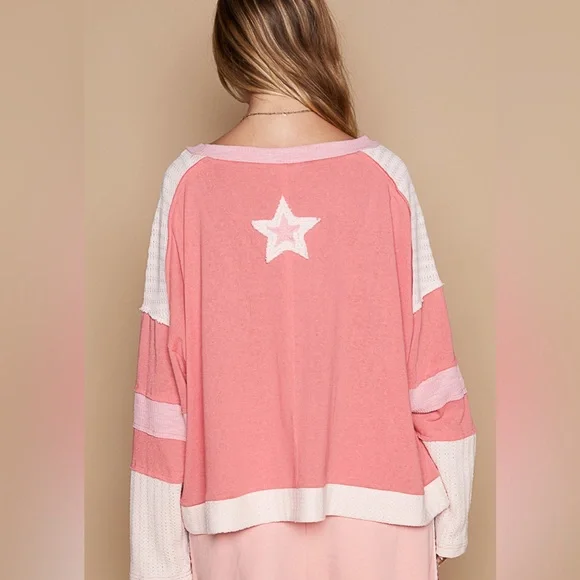 POL star sweater patchwork boho floral patchwork long sleeve pink cream - Picture 4 of 5